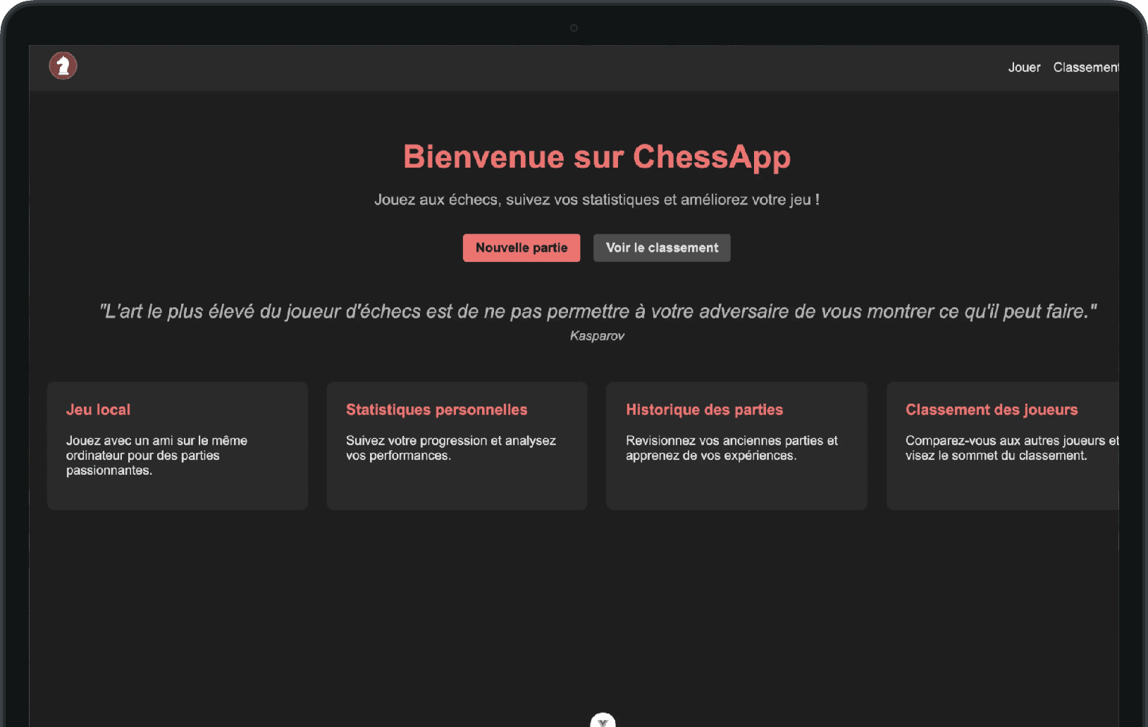Aperçu de la page d’accueil de l’application d’échecs, avec les accès de connexion et d’inscription.