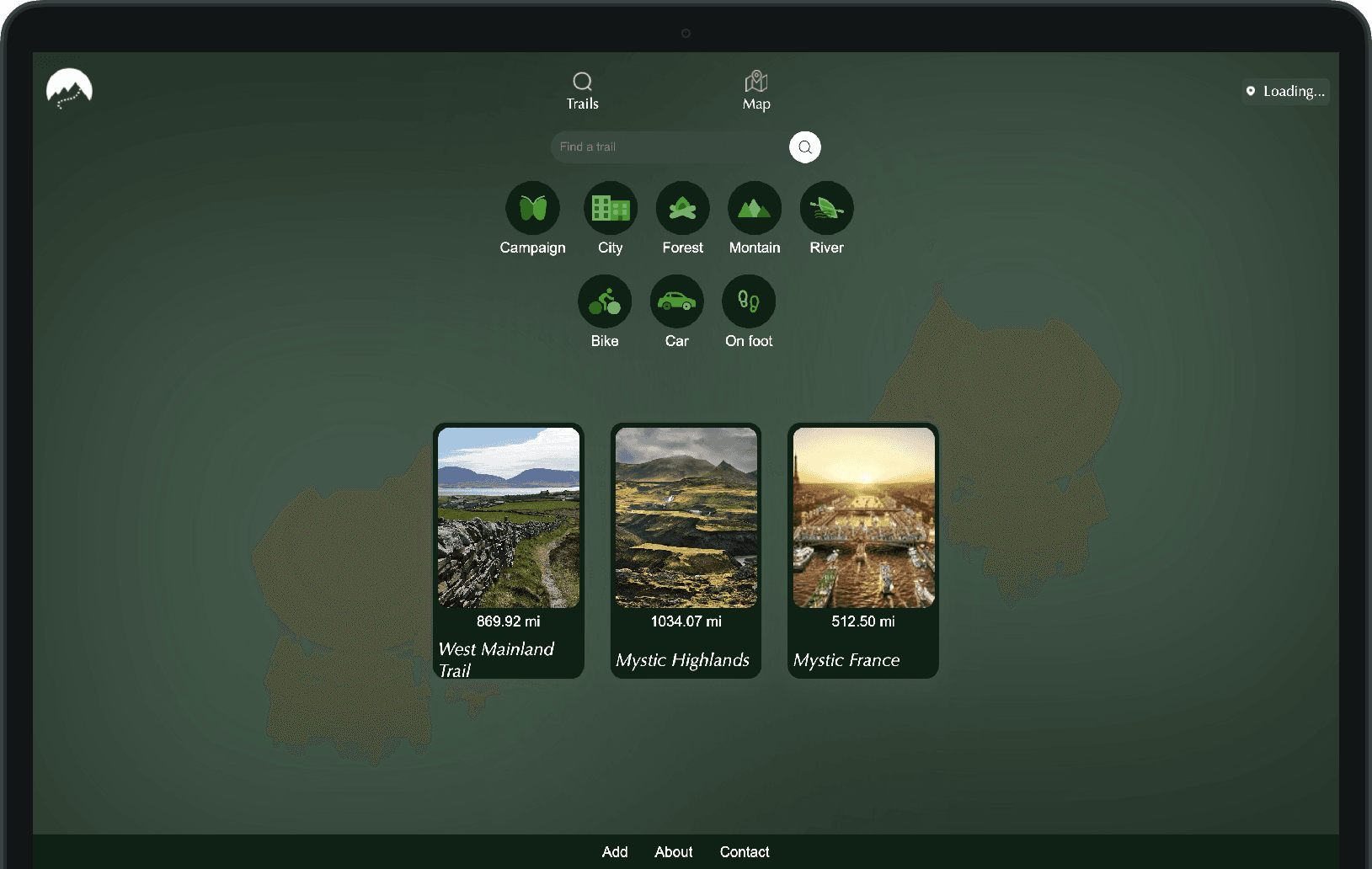 Aperçu de StoryTrail : filtres de parcours par environnement et moyen de transport, et cartes de destinations.
